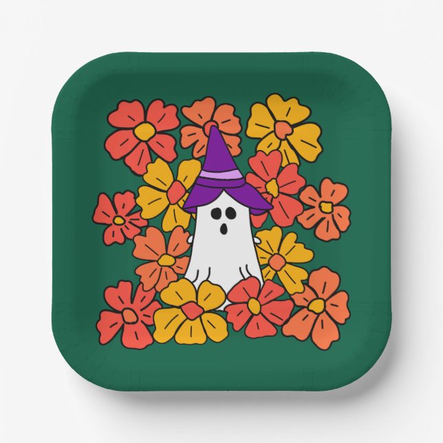 Fall Floral Halloween Ghost  Paper Plate (Front)