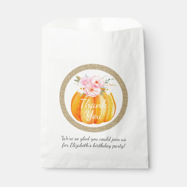 Fall Floral Little Pumpkin Baby Birthday Thank You Favour Bag (Front)