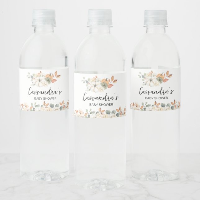 Fall Floral Little Pumpkin Baby Shower  Water Bottle Label (Bottles)