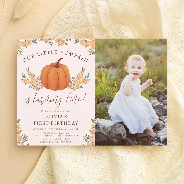 Fall Floral Little Pumpkin Girl 1st Birthday Photo Invitation (Creator Uploaded)