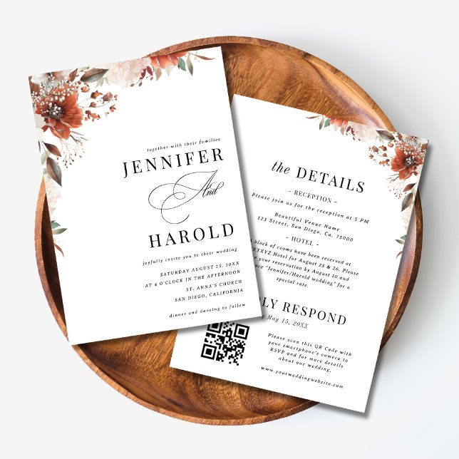 Fall Floral Minimal Plain All in One Wedding Invitation (Creator Uploaded)