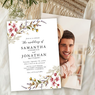 Fall Floral Modern Wildflowers Photo Wedding Invitation