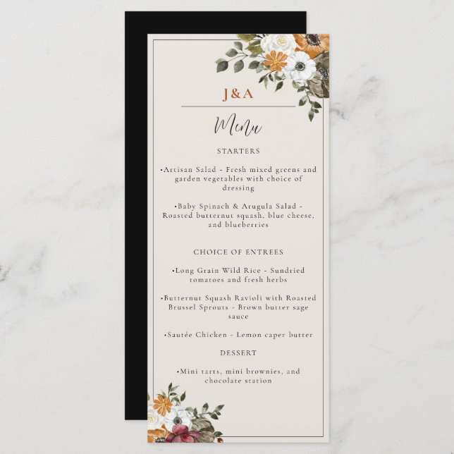 Fall Floral Monogram Wedding Watercolor Black Menu (Front/Back)