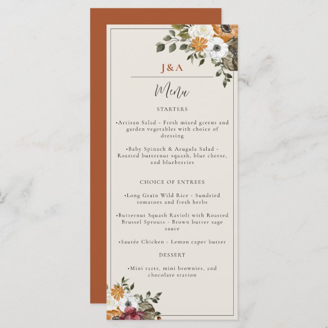 Fall Floral Monogram Wedding Watercolor Terracotta Menu (Front/Back)