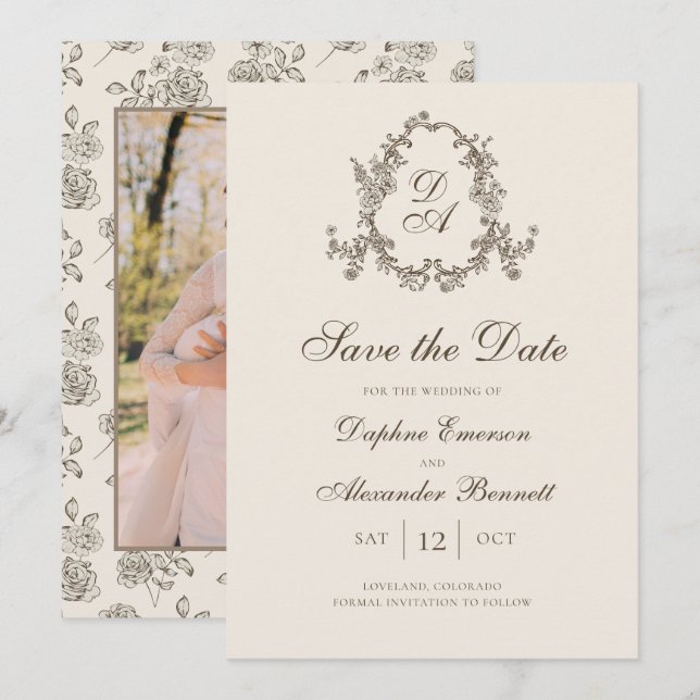 Fall Floral Monogrammed Photo Save The Date (Front/Back)