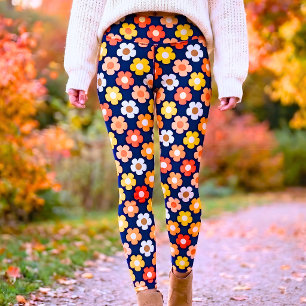 Fall Floral Navy Blue Thanksgiving Autumn Flowers Leggings