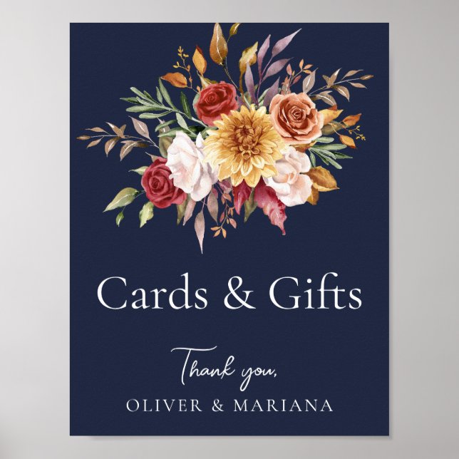 Fall Floral Navy Blue Wedding Cards & Gifts Sign (Front)