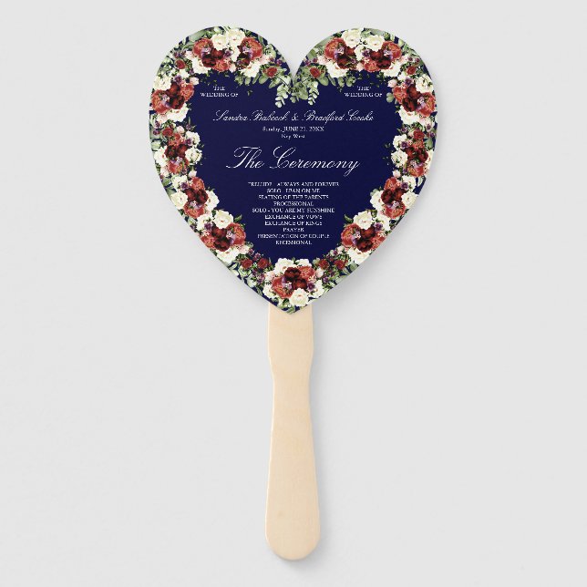 Fall Floral Navy Terracotta Cream Burgundy Heart Hand Fan (Front)