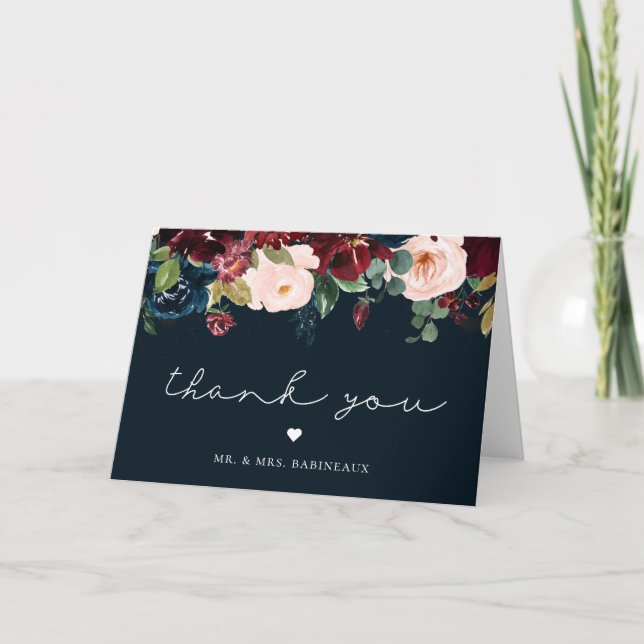 Fall Floral Navy Wedding Photo Thank You Card (Front)