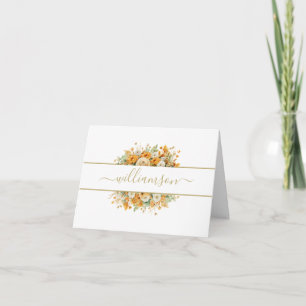 FALL FLORAL, Orange Flowers Last Name Note Card