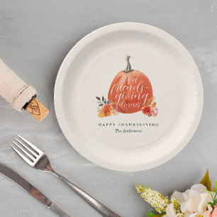 Fall Floral Orange Pumpkin Friendsgiving Dinner Paper Plate