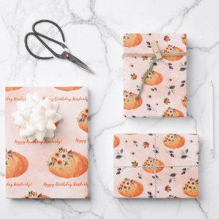 Fall Floral Personalised Pumpkin Wrapping Paper Sheet