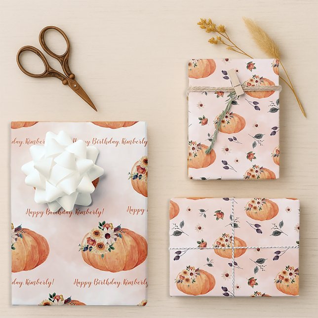 Fall Floral Personalised Pumpkin Wrapping Paper Sheet (Personalized Fall Birthday Gift Wrap)