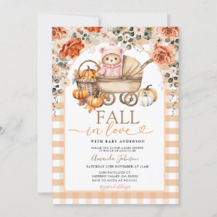 Fall Floral Pink Girl Gingham Bear Baby Shower Invitation