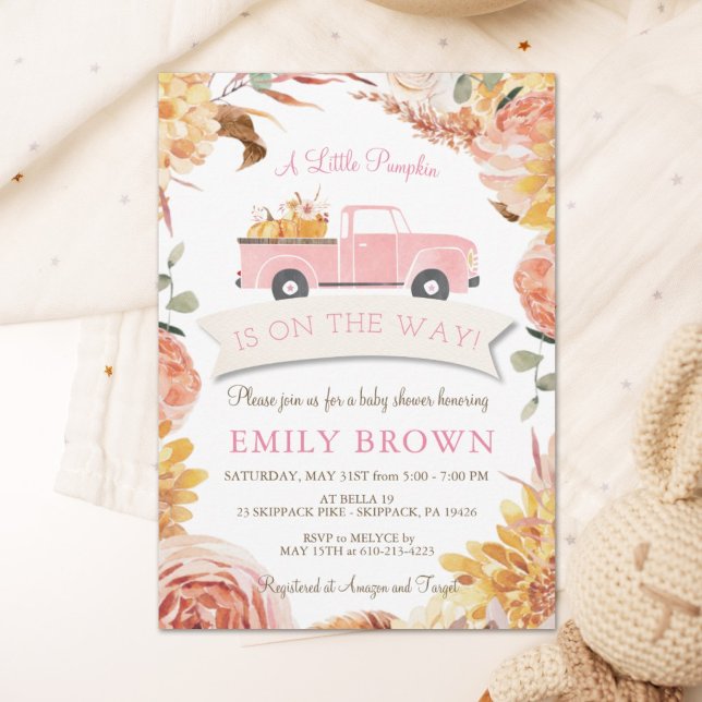 Fall Floral Pink Little PUMPKIN GIRL BABY SHOWER  Invitation (Creator Uploaded)