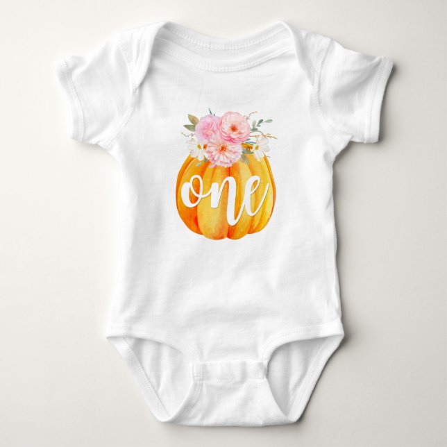 Fall Floral Pumpkin Baby Girl's 1st Birthday ONE Bodysuit (Front)