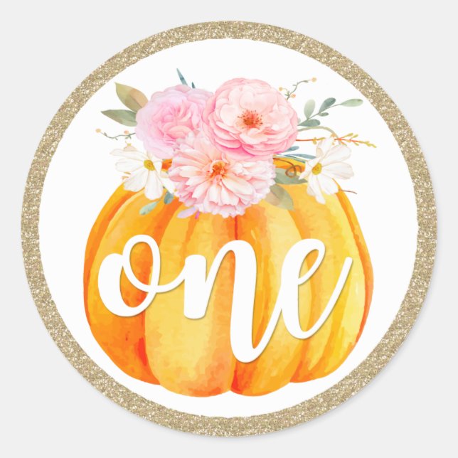Fall Floral Pumpkin Baby Girl's 1st Birthday ONE Classic Round Sticker (Front)