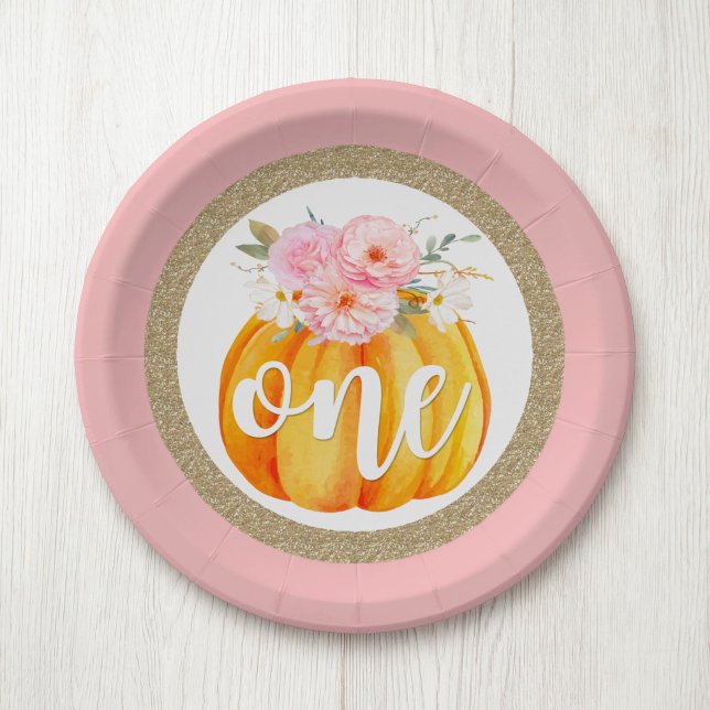 Fall Floral Pumpkin Baby Girl's 1st Birthday ONE Paper Plate (Creator Uploaded)