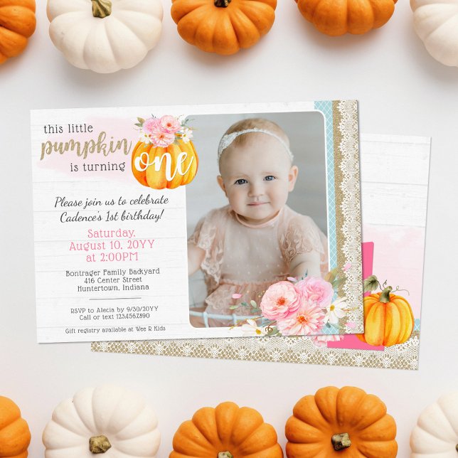 Fall Floral Pumpkin Baby Girl's 1st Birthday Photo Invitation (Creator Uploaded)