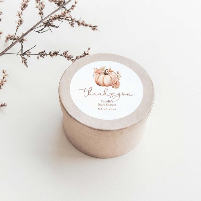 Fall Floral Pumpkin Baby Shower Thank You  Classic Round Sticker (Creator Uploaded)