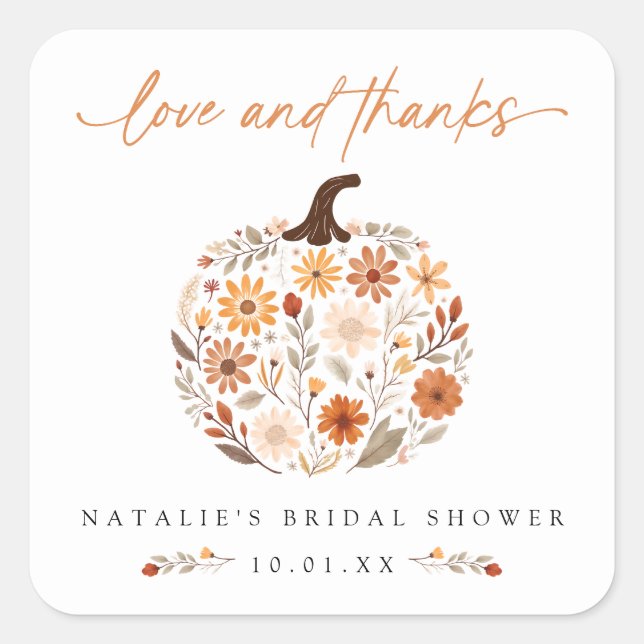 Fall Floral Pumpkin Bridal Shower Thank You Square Sticker (Front)