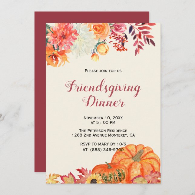 Fall Floral Pumpkin Friendsgiving Invitations (Front/Back)