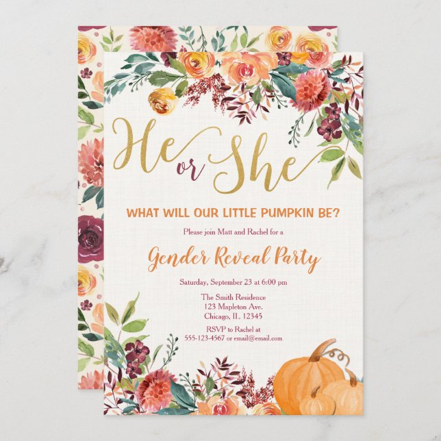 Fall floral pumpkin gender reveal invitation (Front/Back)