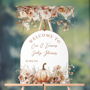 Fall Floral Pumpkin Neutral Baby Shower Welcome Acrylic Sign