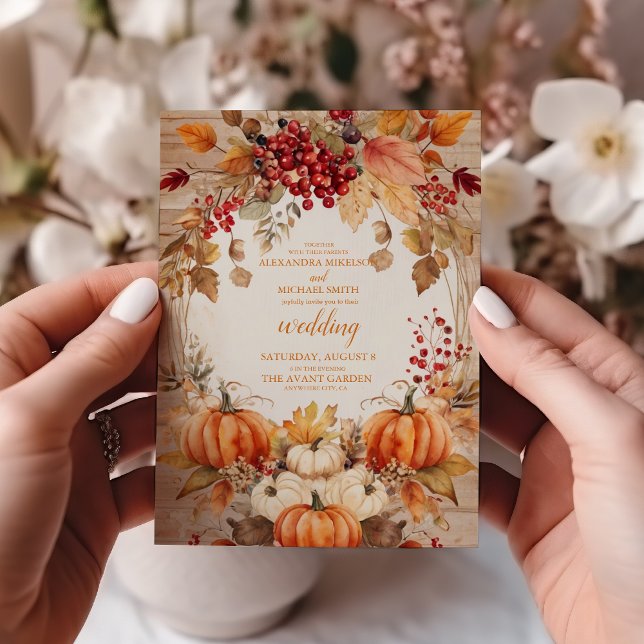 Fall Floral Pumpkin Scrip Wedding Invitation (Creator Uploaded)