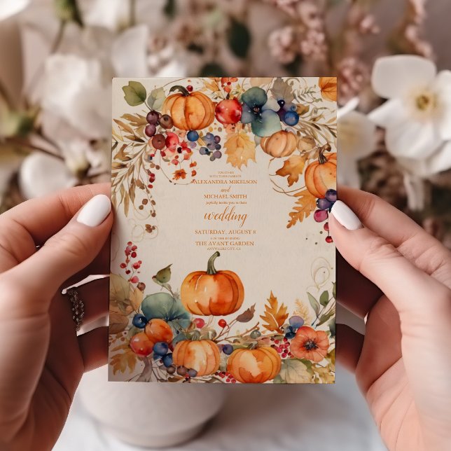 Fall Floral Pumpkin Scrip Wedding Invitation (Creator Uploaded)