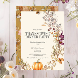 Fall Floral Pumpkin Thanksgiving Dinner Party Invitation