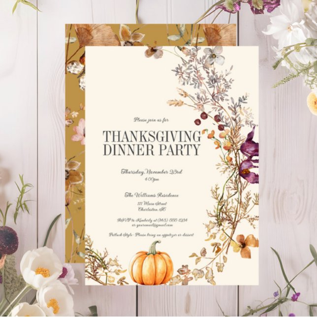 Fall Floral Pumpkin Thanksgiving Dinner Party Invitation (Fall Floral Pumpkin Thanksgiving Dinner Party Invitation, Wildflowers, Ivory, Purple, Yellow)