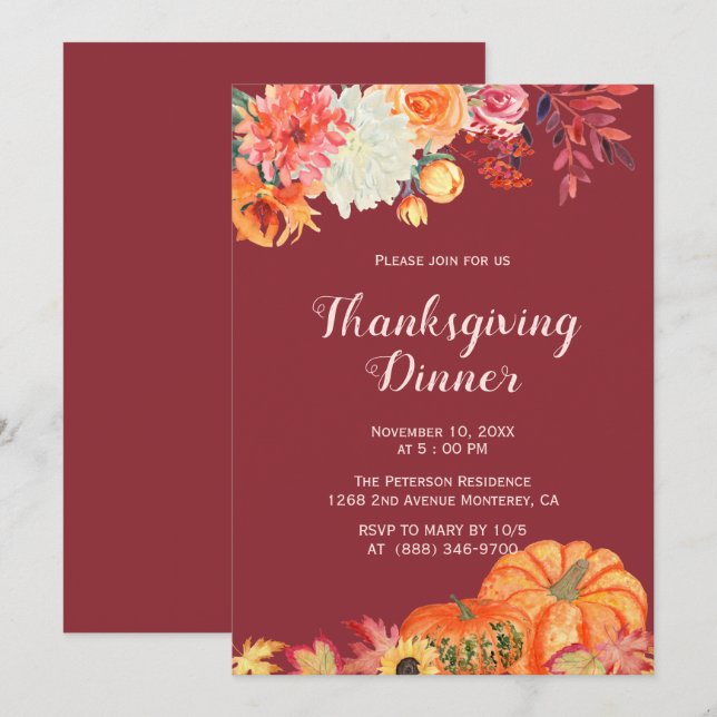 Fall Floral Pumpkin Thanksgiving Invitations (Front/Back)