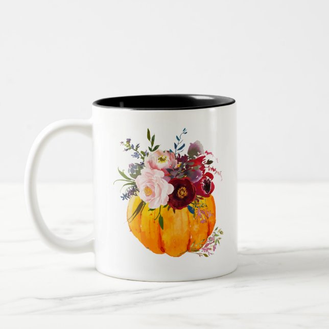 fall, floral, pumpkin Two-Tone coffee mug (Left)