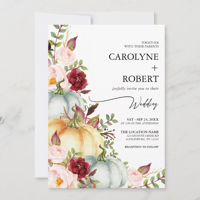 Fall Floral Pumpkin Wedding Invitation (Front)