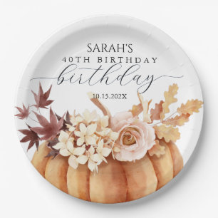 Fall Floral Pumpkin Woman Birthday Brunch Paper Plate