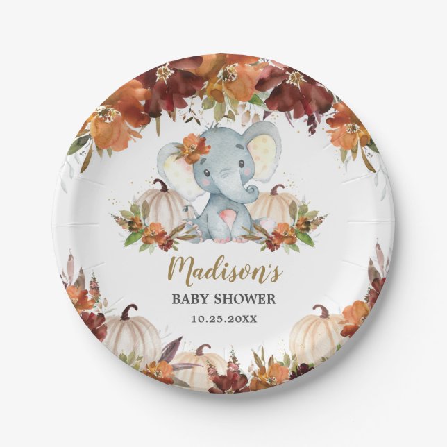 Fall Floral Pumpkins Cute Elephant Baby Shower  Paper Plate (Front)