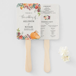 Fall floral pumpkins watercolor wedding programs hand fan