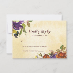 Fall Floral Purple Burnt Orange Yellow Wedding RSVP Card