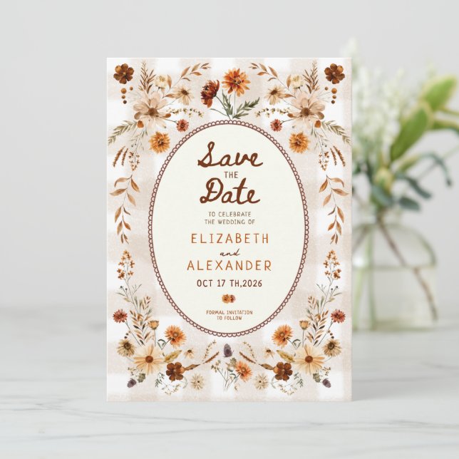  Fall floral rustic boho autumn wedding Save The Date (Standing Front)
