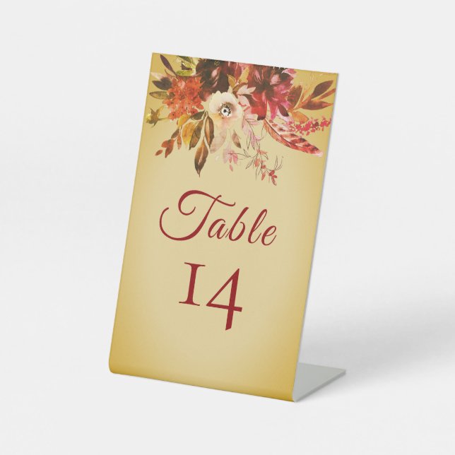 Fall Floral Rustic Gold Wedding Table Number Pedestal Sign (Front)