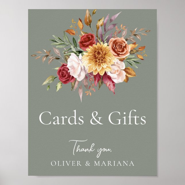 Fall Floral Sage Green Wedding Cards & Gifts Sign (Front)