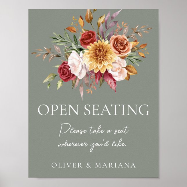 Fall Floral Sage Green Wedding Open Seating Sign (Front)