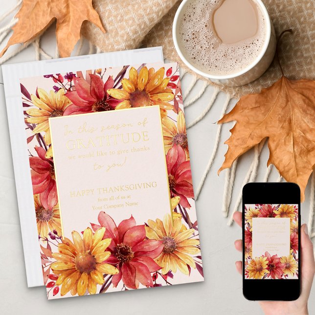 Fall Floral Season of Gratitude Thanksgiving Gold Foil Holiday Card (Creator Uploaded)