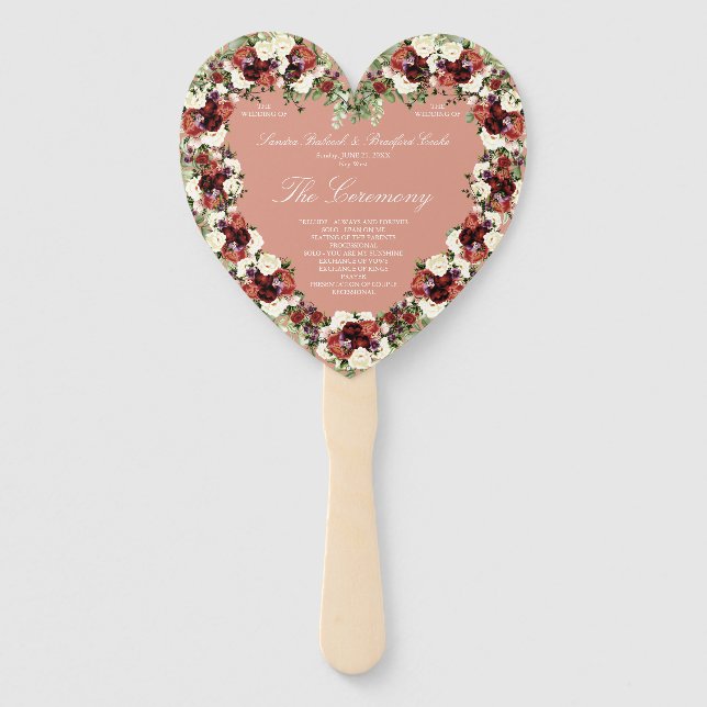 Fall Floral Soft Terracotta Cream Burgundy Heart Hand Fan (Front)