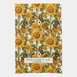 Fall Floral Sunflower Flower Butterfly Off White Tea Towel
