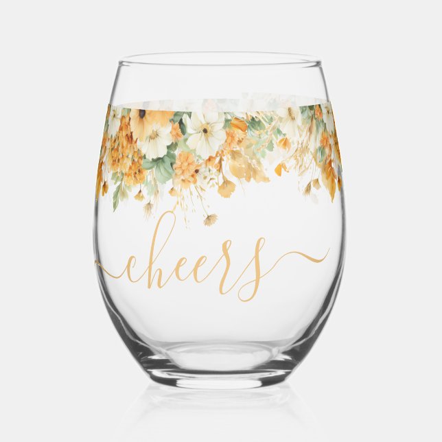 Fall Floral, Thanksgiving Colours, Cheers Stemless Wine Glass (Front)