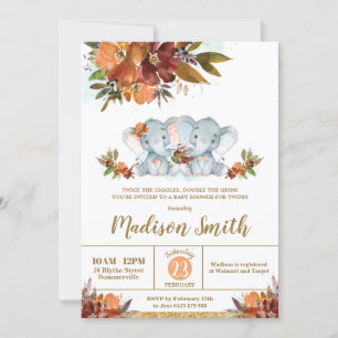 Fall Floral Twins Boy Girl Elephants Baby Shower  Invitation