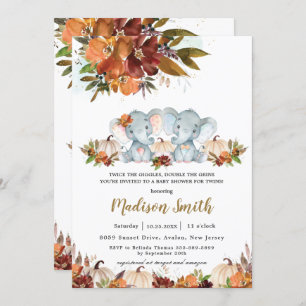 Fall Floral Twins Boy Girl Elephants Baby Shower  Invitation