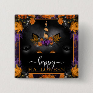 Fall Floral Unicorn Face Happy Halloween 15 Cm Square Badge